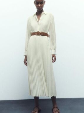 Zara Cream Pleated Midi Shirt Dress with Brown Belt